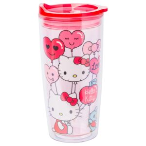 silver buffalo sanrio hello kitty valentine’s day heart balloons double wall travel tumbler with slide close lid, 20 ounces