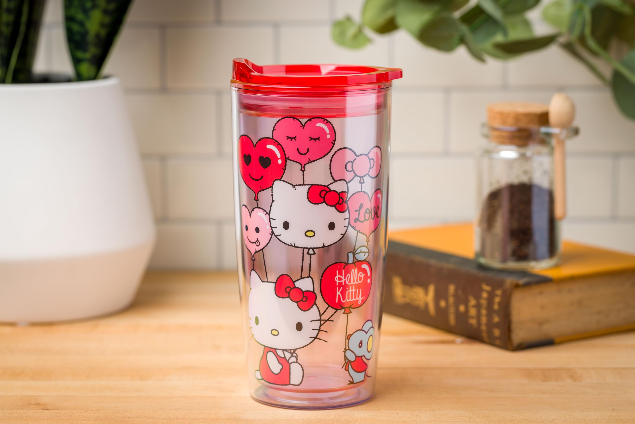 Silver Buffalo Sanrio Hello Kitty Valentine’s Day Heart Balloons Double Wall Travel Tumbler with Slide Close Lid, 20 Ounces