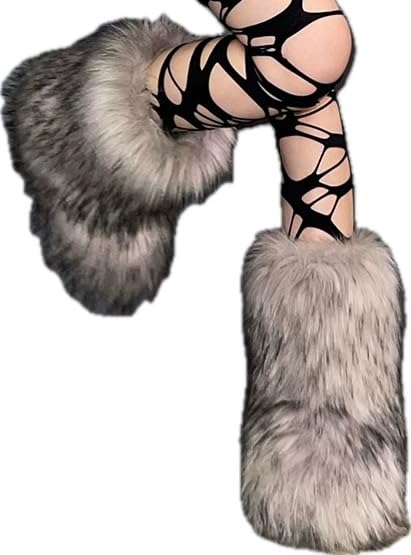 D-02 Women's Winter Warm Furry Snow Boot With Big Fluffy Real Raccoon Fur Boots Luxury Flat Mid-Calf Booties Fuzzy Skiing (4, Grey)