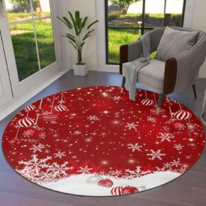 Christmas Balls Round Area Rug 5ft,Washable Outdoor Indoor Carpet Runner Rug for Bedroom,Kitchen,Bathroom,Living/Dining/Laundry Room,Office,Area+Rug Large Bath Door Mat Red Xmas Winter Snowflake