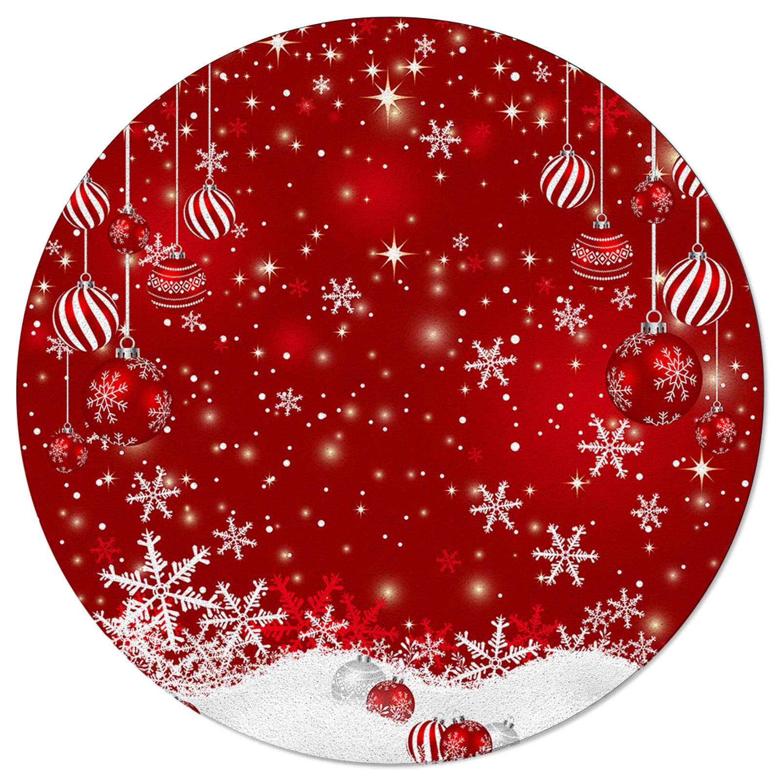 Christmas Balls Round Area Rug 5ft,Washable Outdoor Indoor Carpet Runner Rug for Bedroom,Kitchen,Bathroom,Living/Dining/Laundry Room,Office,Area+Rug Large Bath Door Mat Red Xmas Winter Snowflake