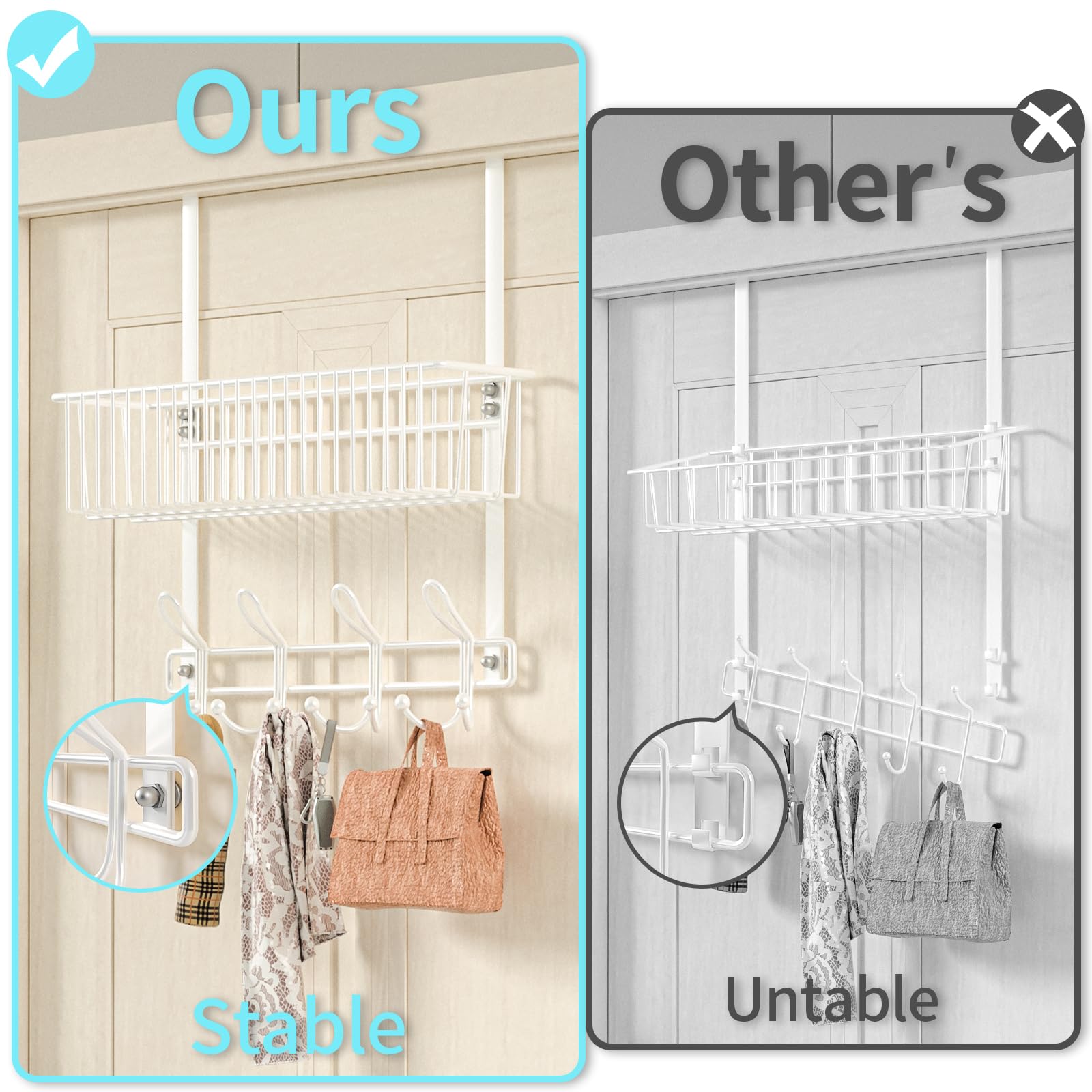 Over The Door Hooks Organizer,Door Hanger Door Storage with Basket,Over The Door Towel Rack Coat Hooks with 12 Hooks,for Bathroom,Bedroom,Kitchen,Office,Apartment(White)