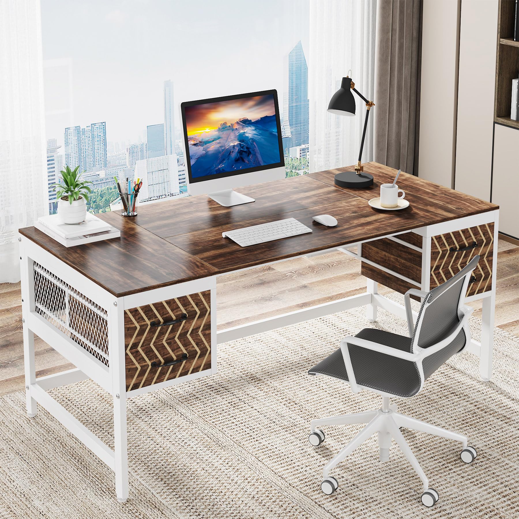 Tribesigns Computer Executive Desk with Drawers: Wood 63" Computer Desk with 4 Storage Drawers, Farmhouse Study Writing Table, Herringbone Business Furniture for Home Office, Brown and White