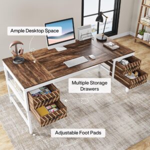 Tribesigns Computer Executive Desk with Drawers: Wood 63" Computer Desk with 4 Storage Drawers, Farmhouse Study Writing Table, Herringbone Business Furniture for Home Office, Brown and White