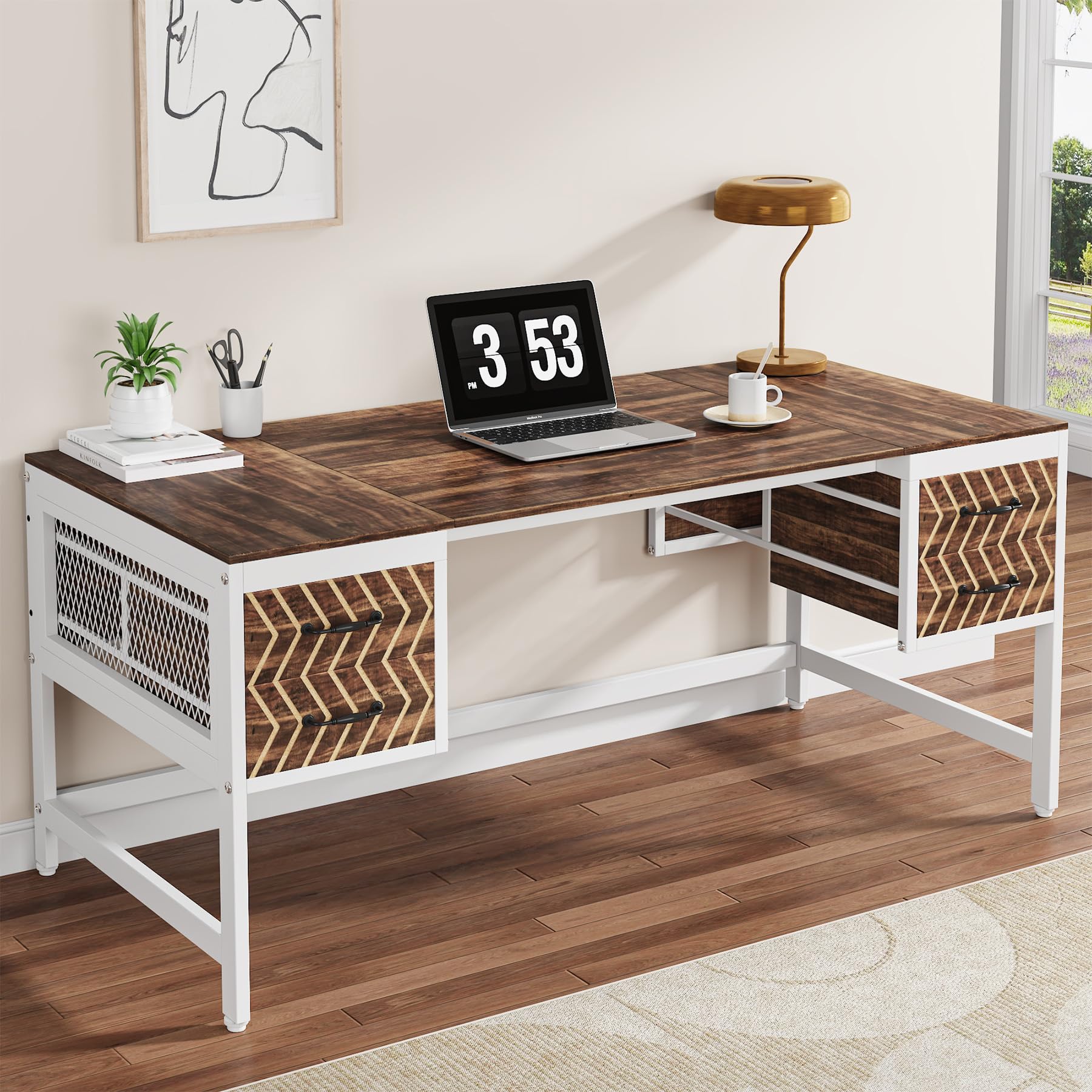 Tribesigns Computer Executive Desk with Drawers: Wood 63" Computer Desk with 4 Storage Drawers, Farmhouse Study Writing Table, Herringbone Business Furniture for Home Office, Brown and White