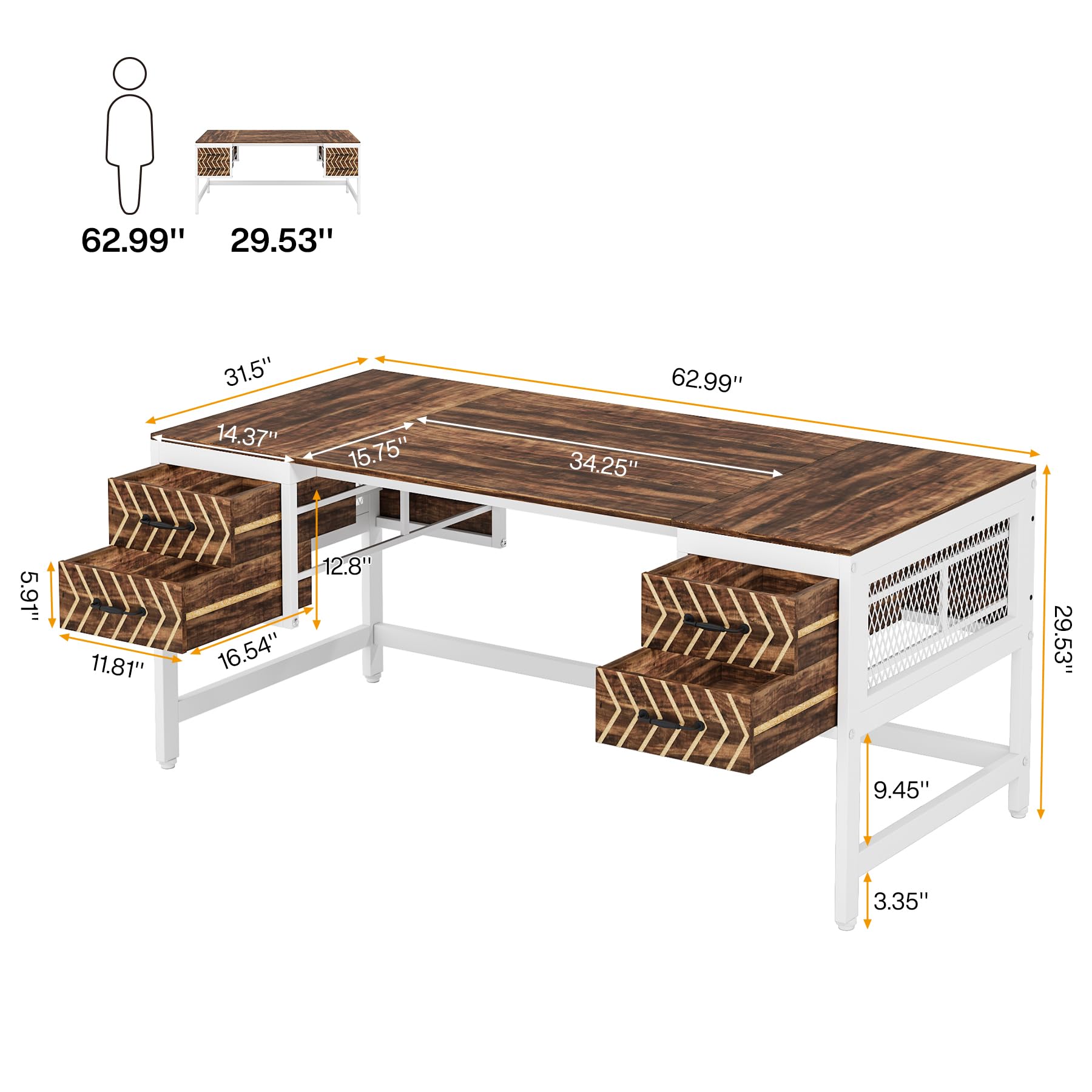 Tribesigns Computer Executive Desk with Drawers: Wood 63" Computer Desk with 4 Storage Drawers, Farmhouse Study Writing Table, Herringbone Business Furniture for Home Office, Brown and White