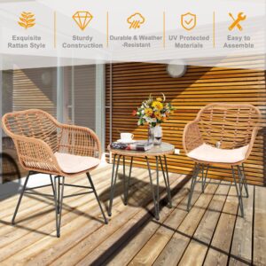 Tappio 3 Piece Outdoor Wicker Furniture Patio Bistro Set, Balcony Furniture Rattan Conversation Sets, Outdoor Patio Chairs Set for Porch Poolside Garden, Beige