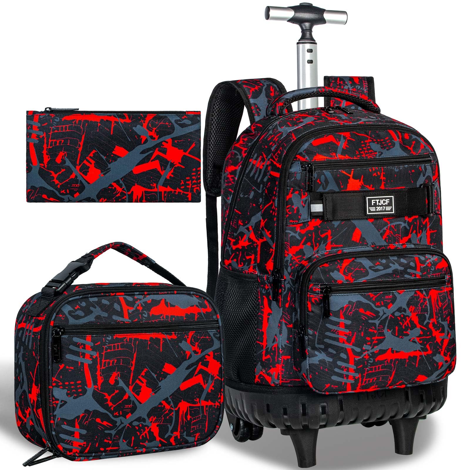 FTJCF 3PCS Rolling Backpack for Boys, 19 Inche Adults Roller Bag with Wheels, Graffiti Wheeled Bookbag Set for Men(Red)