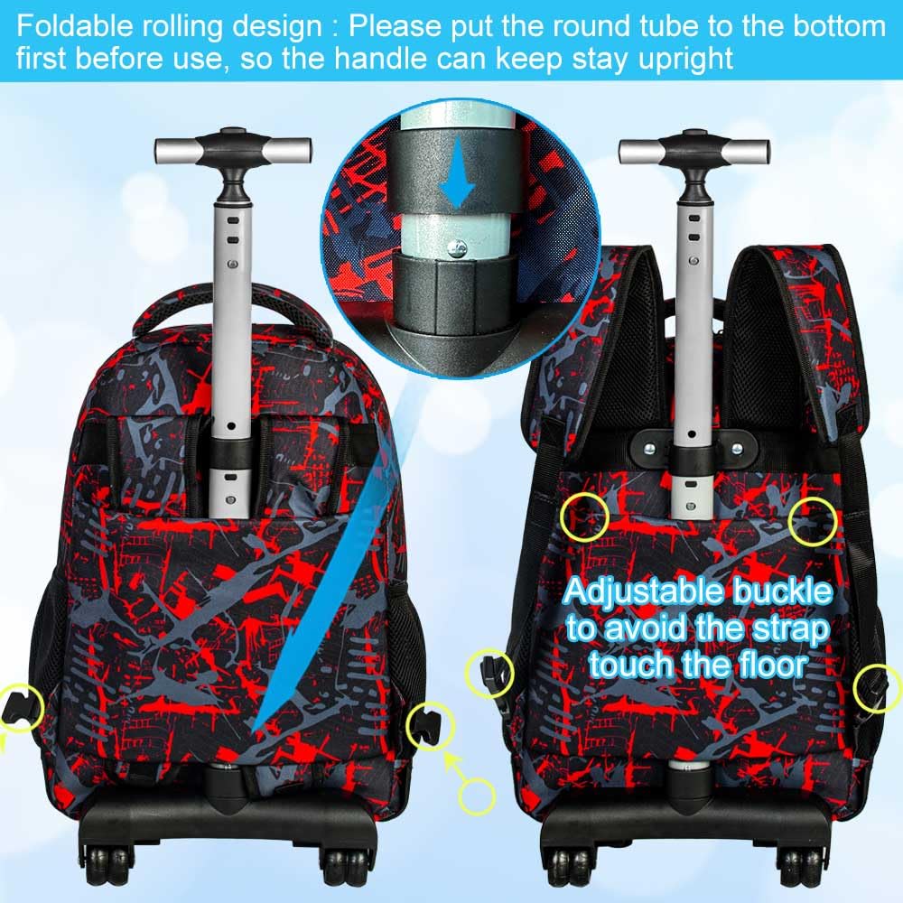 FTJCF 3PCS Rolling Backpack for Boys, 19 Inche Adults Roller Bag with Wheels, Graffiti Wheeled Bookbag Set for Men(Red)