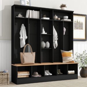 67" W Hall Tree with Shoe Storage Bench, Minimalist Entryway Bench with Coat Rack, Cube Storage and Shelves, Multifunctional Mudroom Bench with Storage and 8 Hooks for Entryway, Hallway (Black)