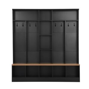 67" W Hall Tree with Shoe Storage Bench, Minimalist Entryway Bench with Coat Rack, Cube Storage and Shelves, Multifunctional Mudroom Bench with Storage and 8 Hooks for Entryway, Hallway (Black)