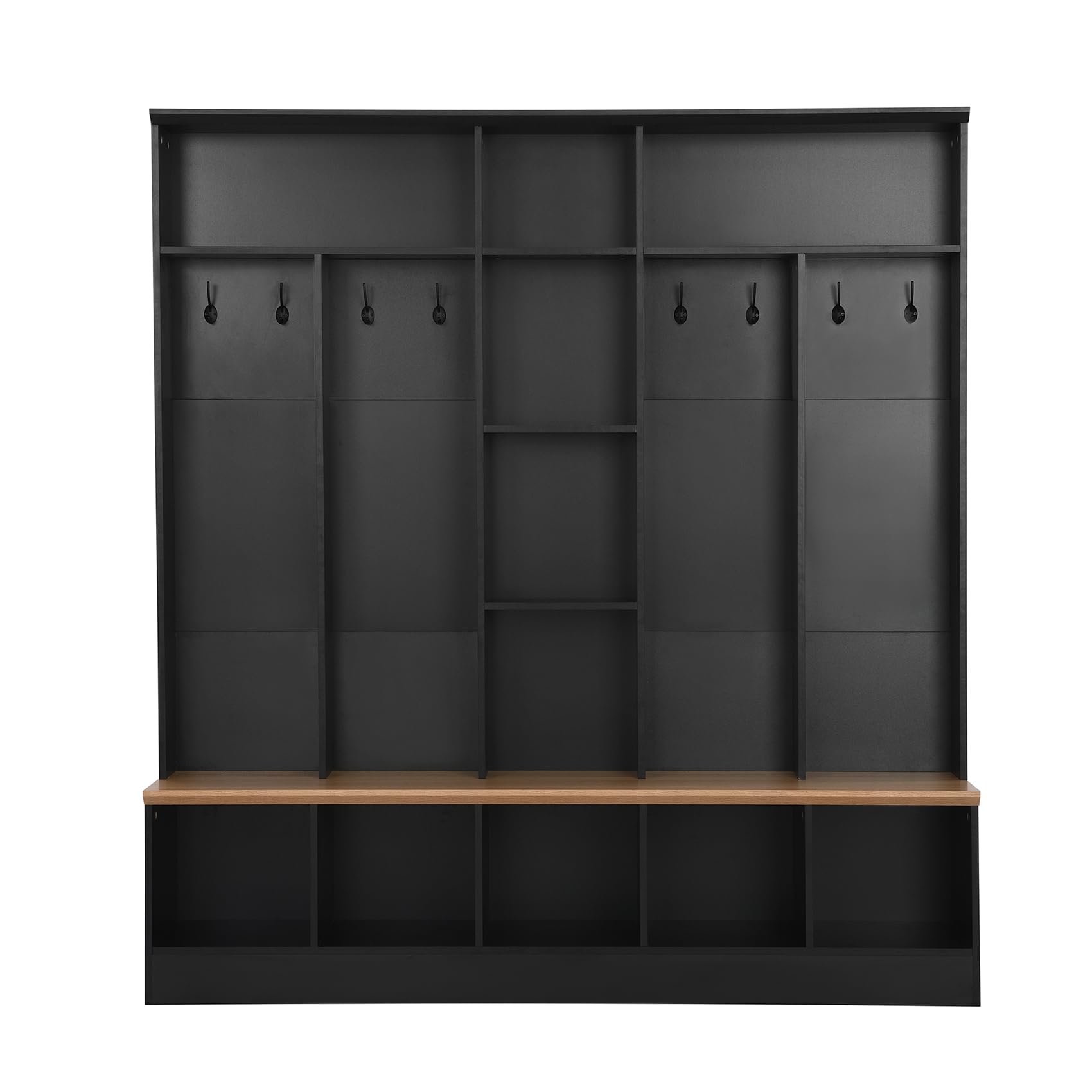 67" W Hall Tree with Shoe Storage Bench, Minimalist Entryway Bench with Coat Rack, Cube Storage and Shelves, Multifunctional Mudroom Bench with Storage and 8 Hooks for Entryway, Hallway (Black)