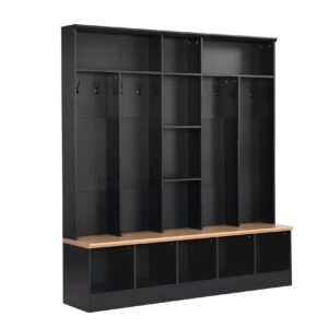 67" W Hall Tree with Shoe Storage Bench, Minimalist Entryway Bench with Coat Rack, Cube Storage and Shelves, Multifunctional Mudroom Bench with Storage and 8 Hooks for Entryway, Hallway (Black)