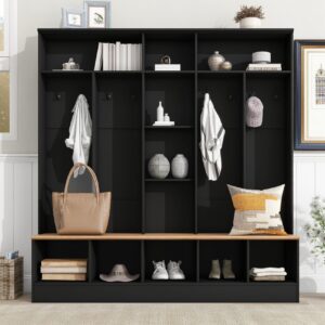 67" W Hall Tree with Shoe Storage Bench, Minimalist Entryway Bench with Coat Rack, Cube Storage and Shelves, Multifunctional Mudroom Bench with Storage and 8 Hooks for Entryway, Hallway (Black)