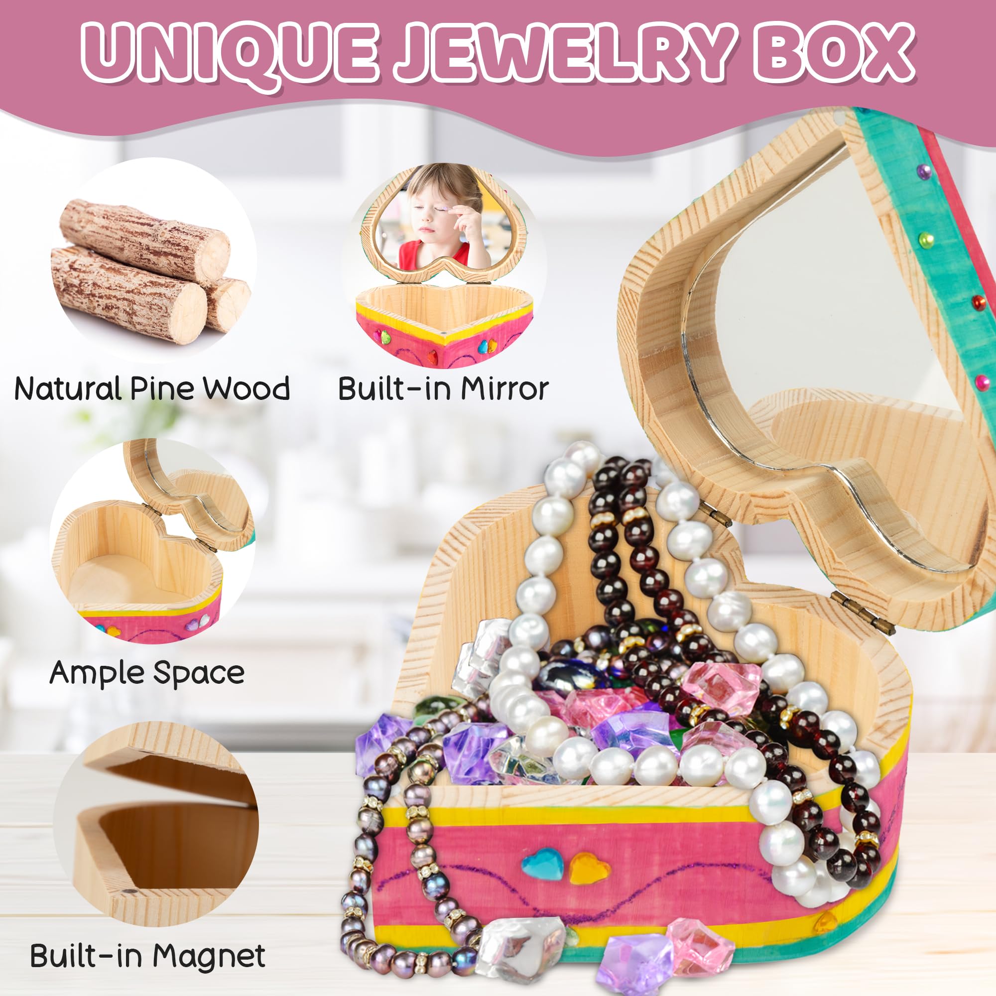 Paint Your Own Wooden Jewelry Box-Arts and Crafts for Kids 4-6, DIY Treasure Box Painting Kits Gift for 7 8 Year Old Girls, Kids Crafts Birthday/Mother's Day/Christmas Gift