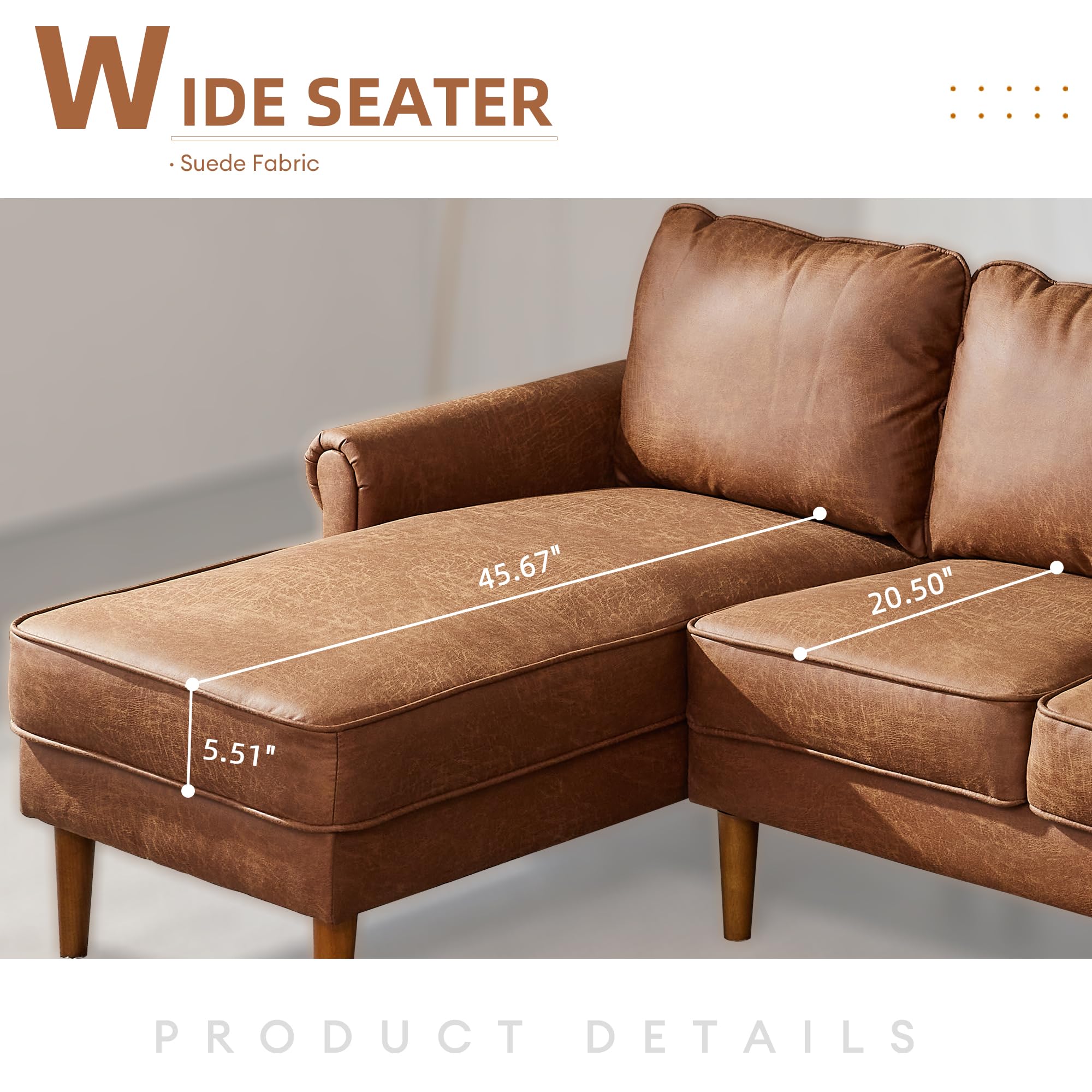 Weaxty 81.55" Sofa Couch, L Shaped Faux Leather Sectional with Chaise Suede Fabric Couch Sofas with Comfortable Cushions for Small Space Living Room Apartment, Left Chaise Brown