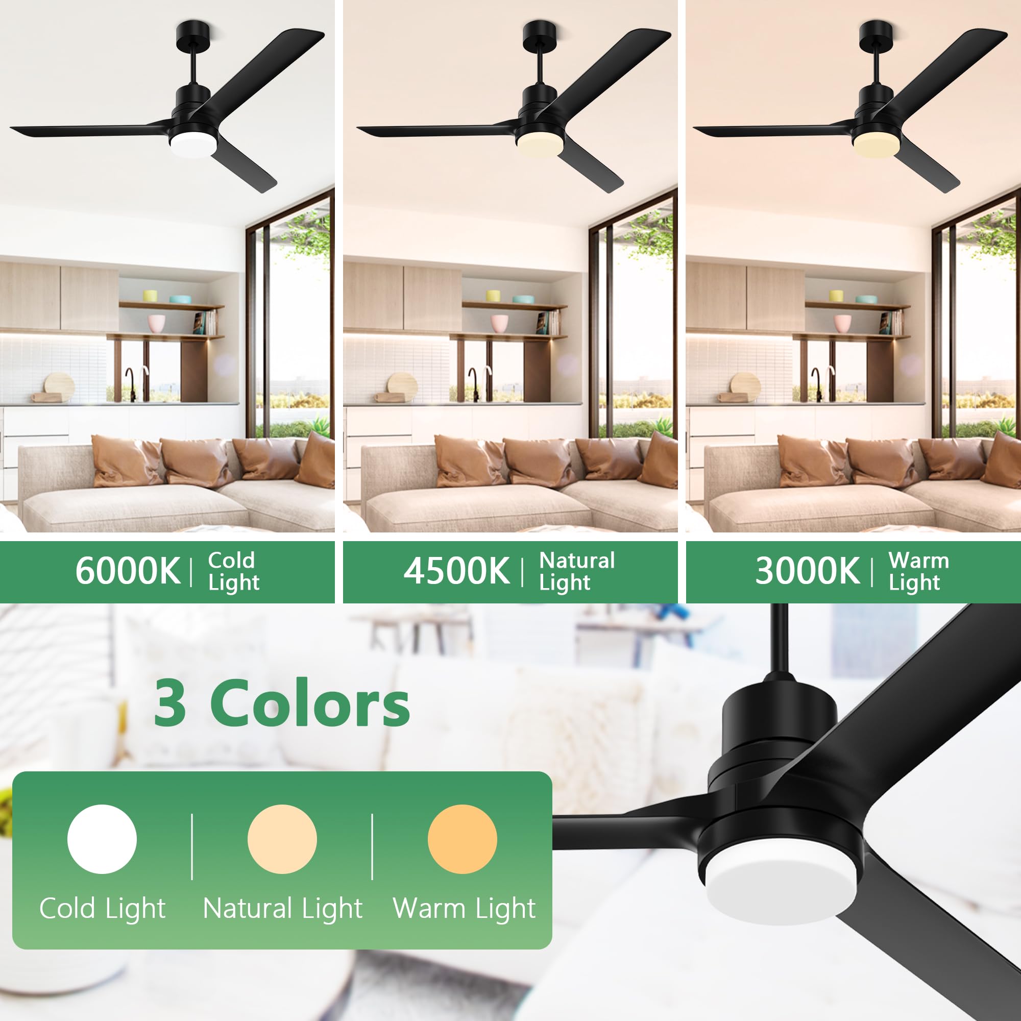 BECLOG Ceiling Fans with Lights and Remote, 52 Inch Ceiling Fan Outdoor Indoor Black Noiseless Reversible DC Motor for Patio Farmhouse Bedroom