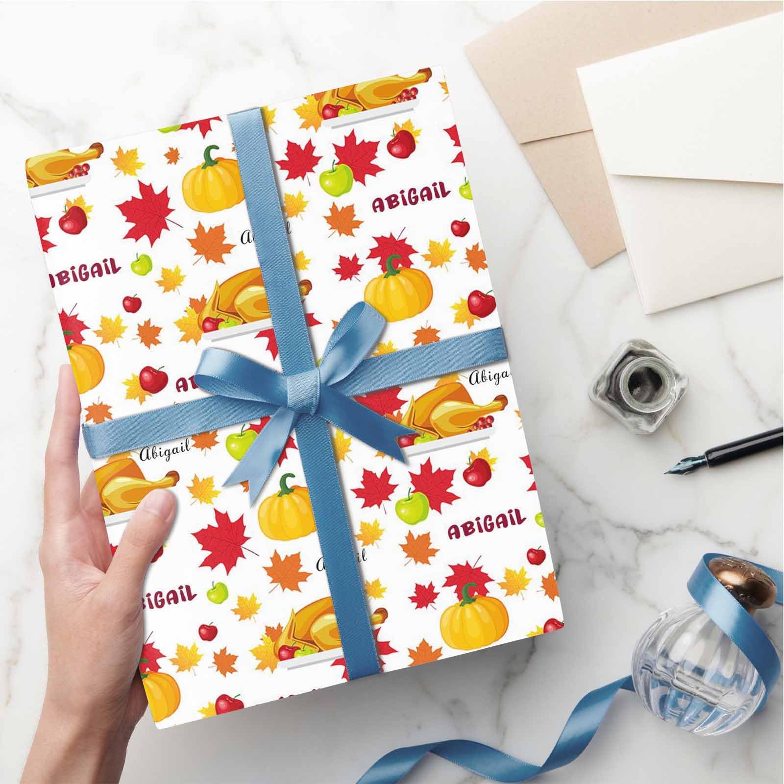 MyPupSocks Personalized Turkey Pumpkin and White Red Wrap Paper with Text, Custom Name Thanksgiving Wrapping Paper Roll for Boys Girls Kids Baby Shower Festival Winter Holiday Christmas 58x23 1 Roll