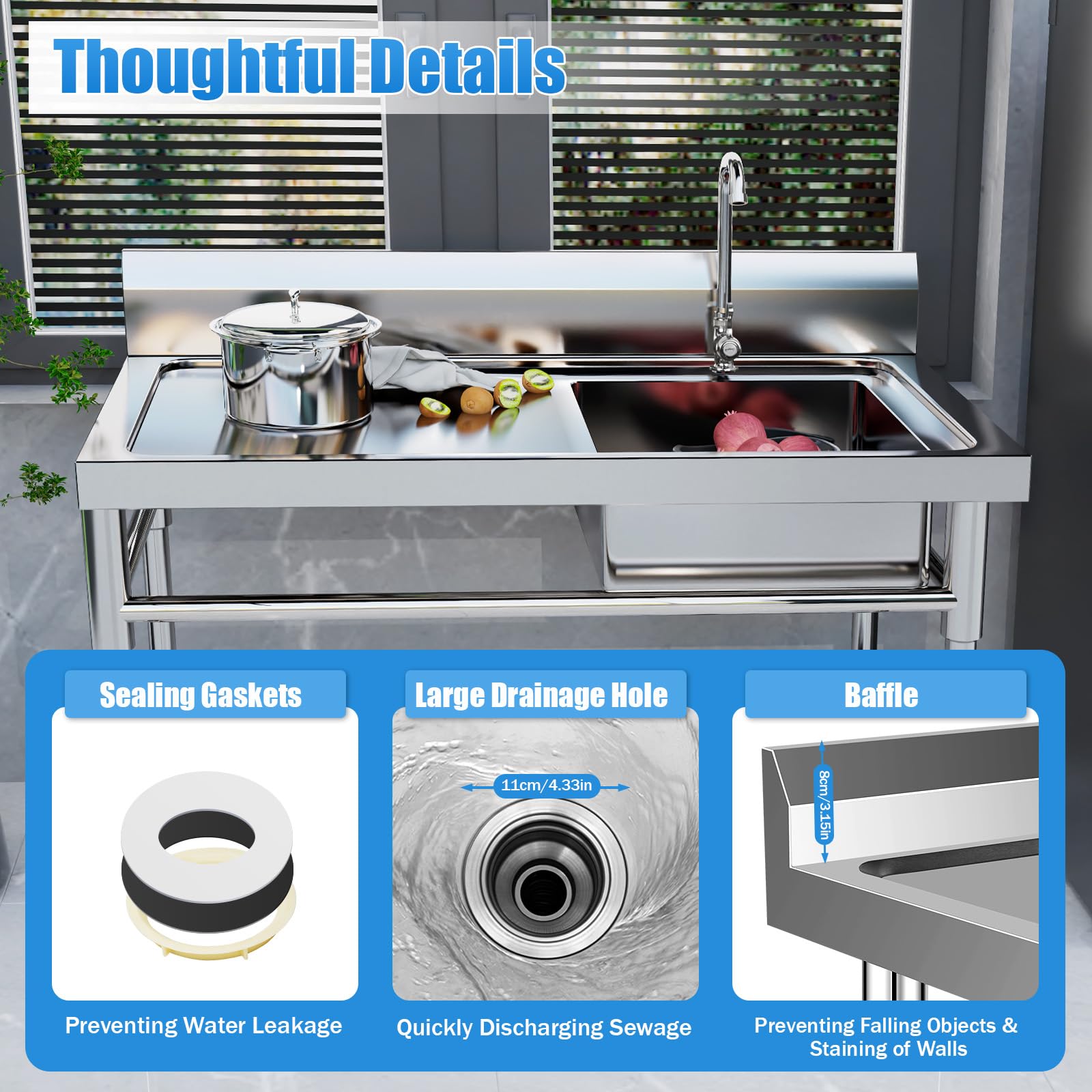 DHBREK Single Compartment Kitchen Sink Commercial Restaurant Sink 47" Stainless Steel Utility Sink Drain Board Commercial Square Kitchen Sink for Restaurant Home(Type 2)