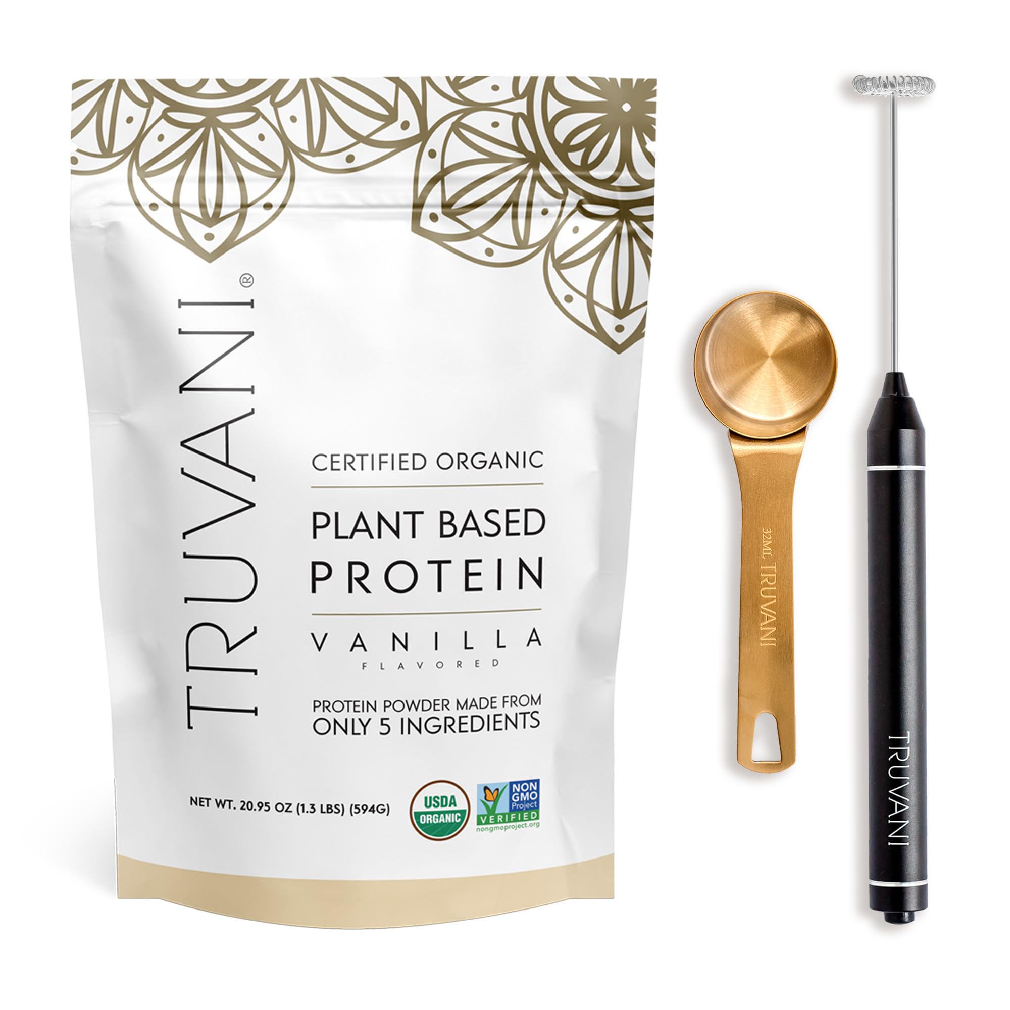 Truvani Vegan Vanilla Protein Powder with Frother & Scoop Bundle - 20g of Organic Plant Based Protein Powder - Includes Portable Mini Electric Whisk & Durable Protein Powder Scoop