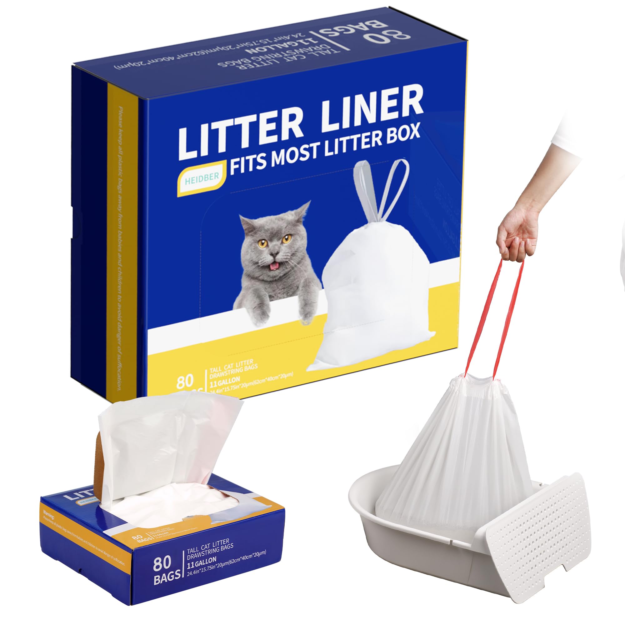 HEIDBER Drawstring Litter Liner Bags 80 Pack-Cat Litter Box Liner Bags for Litter Box Robot 3 and 4 Thick Waste Bags for Self-cleaning Cat Litter Box Liner Trash Bags for Home/Kitchen Trash Cans