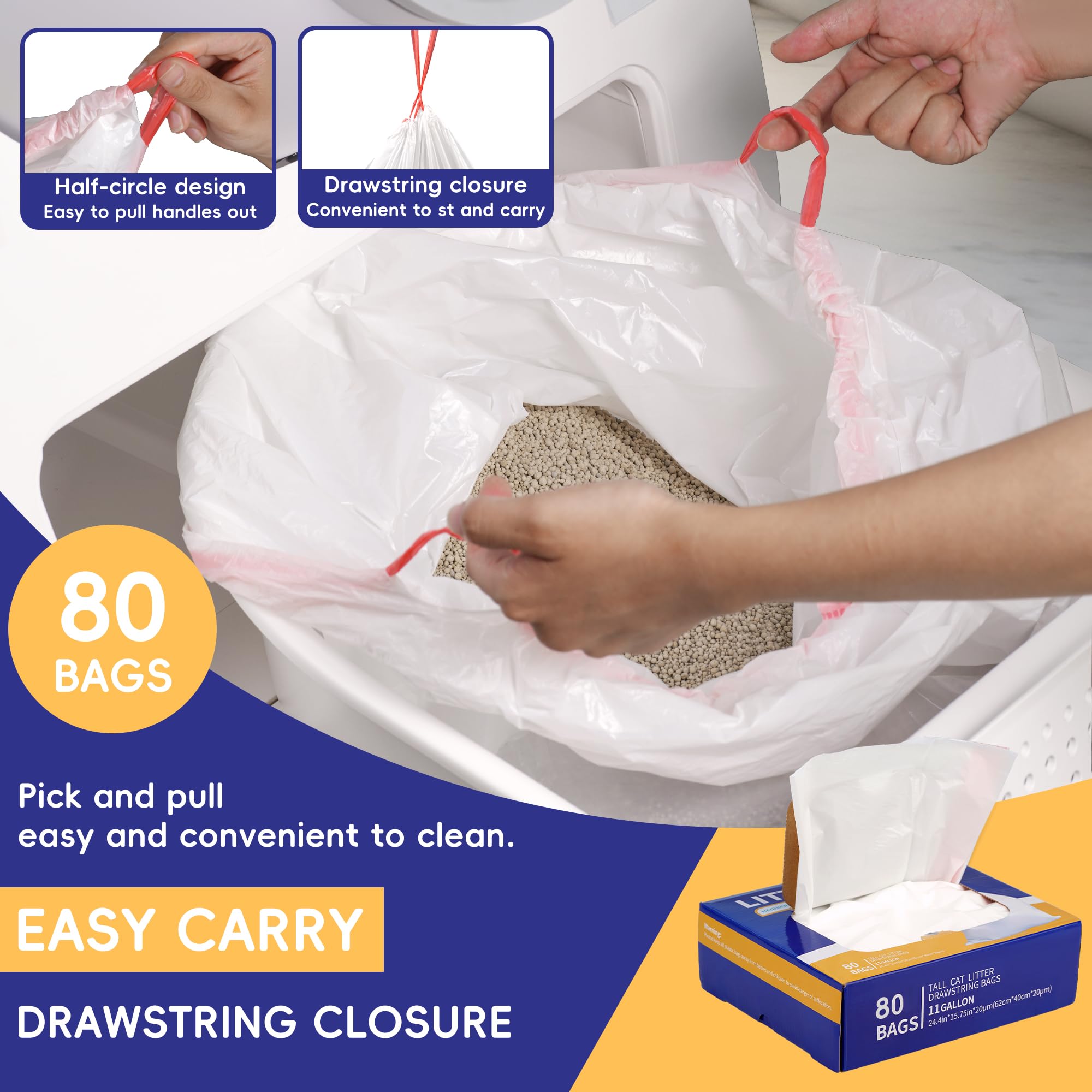 HEIDBER Drawstring Litter Liner Bags 80 Pack-Cat Litter Box Liner Bags for Litter Box Robot 3 and 4 Thick Waste Bags for Self-cleaning Cat Litter Box Liner Trash Bags for Home/Kitchen Trash Cans