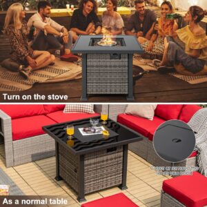 COSTWAY 32" Outdoor Fire Table, 50,000 BTU Propane Fire Pit Table w/Lid & Lava Rocks Rain Cover, Rattan Style Metal Patio Fireplace, Gas Firepit Table for Outside Yard Balcony, Grey