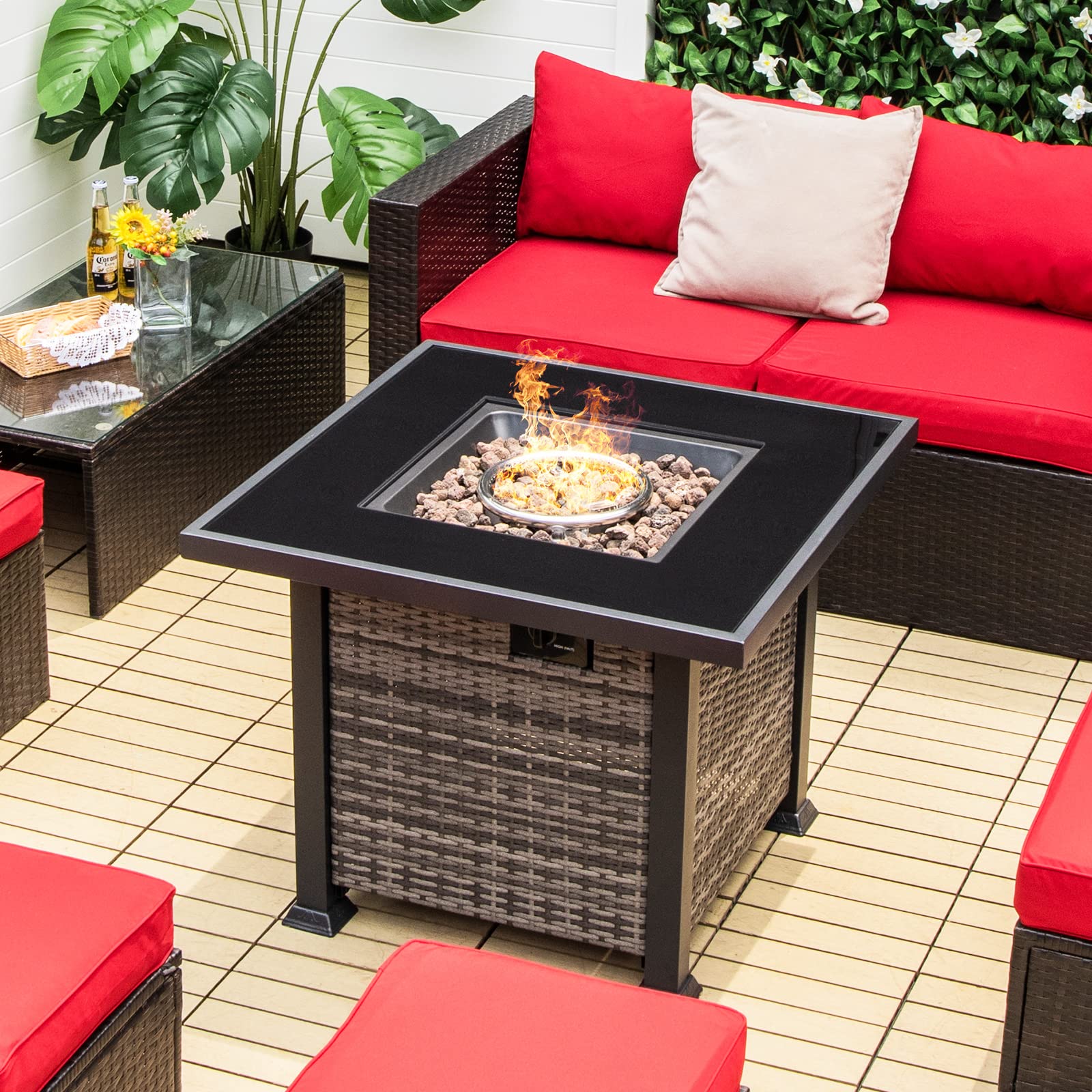 COSTWAY 32" Outdoor Fire Table, 50,000 BTU Propane Fire Pit Table w/Lid & Lava Rocks Rain Cover, Rattan Style Metal Patio Fireplace, Gas Firepit Table for Outside Yard Balcony, Grey