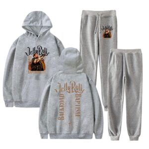 MARLLEGEBEE Jelly Roll Backroad Baptism Tour Hoodie Jogger Pants Two Piece Set Sweatshirts+Sweatpants Women Men's Set (gray,S)