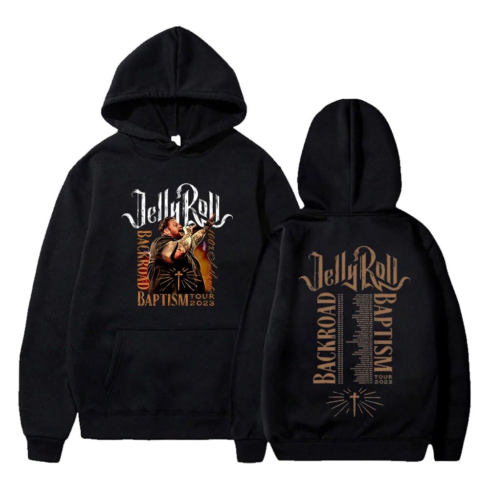 MARLLEGEBEE Jelly Roll Hoodie 2023 Backroad Baptism Tour Merch Long Sleeve Sweatshirts Women Men Hip Hop Clothes (black,XL)