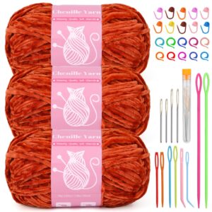 lunarm chenille velvet yarn, yarn for crocheting knitting with big eye needles, handcrafts weaving soft chenille yarn for making blankets, clothes, pattern knitting - 3*3.35oz,3*162yds (red orange)