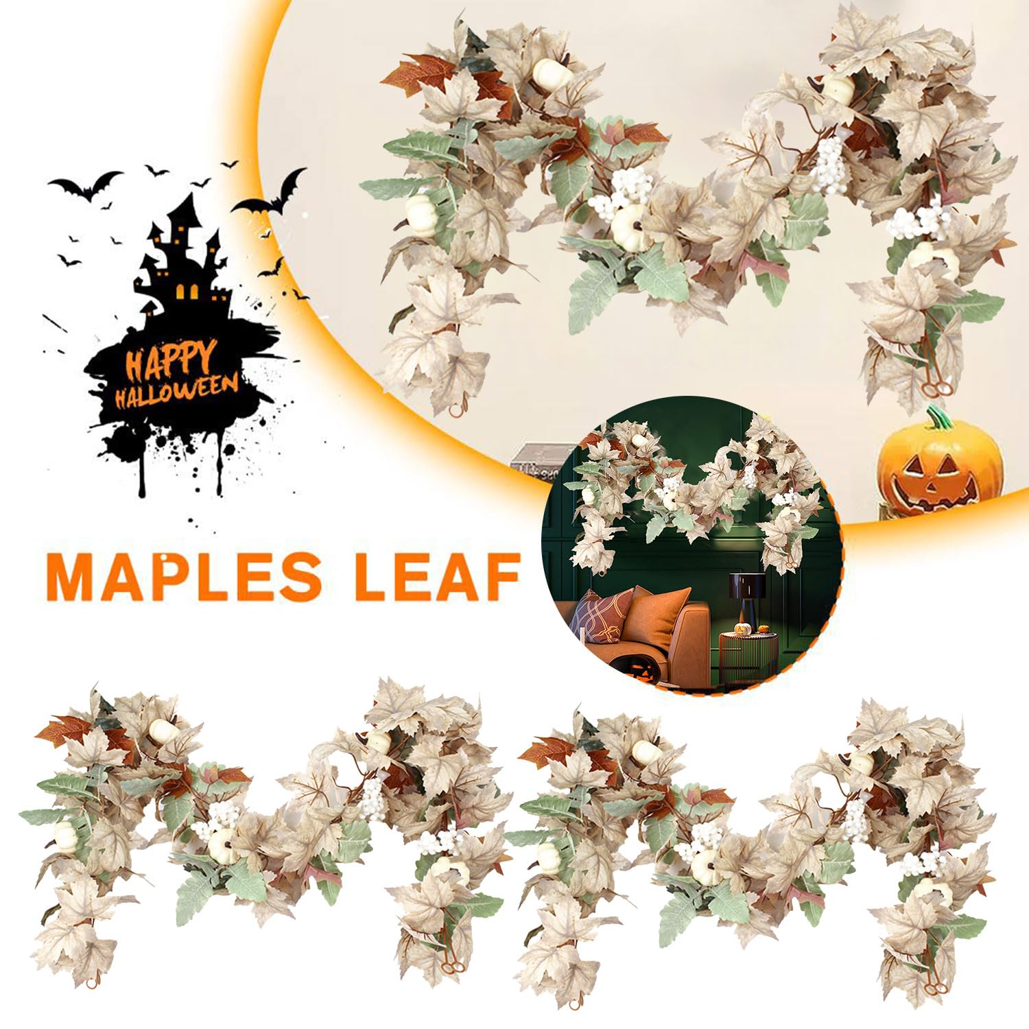 Fall Maple Leaves Garland,6 Feet/8.85 Feet Artificial Hanging Vine Garland,Autumn Maples Leaf Pumpkin Berry Garland,Colorful Fall Harvest Decor for Home Wedding Fireplace (6 Feet/1.8m(A+B))