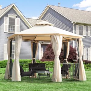 13' x 13' double canopy gazebo with netting and shaded curtains, outdoor gazebo 2-tier hardtop galvanized iron aluminum frame for parties backyard, patio, garden, event, beige