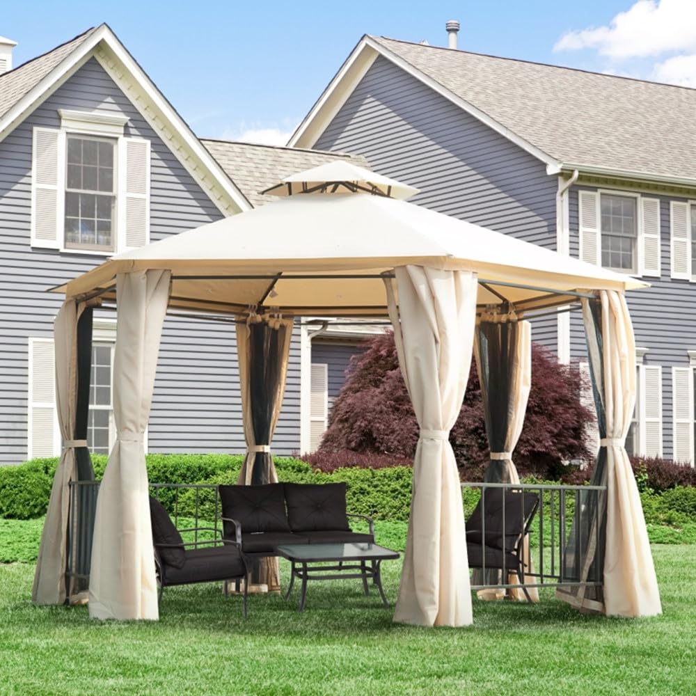 13' x 13' Double Canopy Gazebo with Netting and Shaded Curtains, Outdoor Gazebo 2-Tier Hardtop Galvanized Iron Aluminum Frame for Parties Backyard, Patio, Garden, Event, Beige