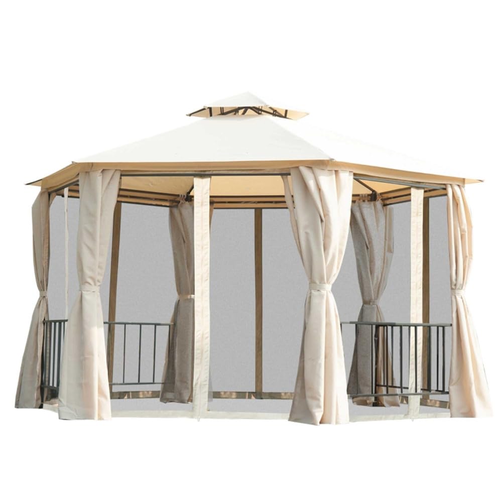 13' x 13' Double Canopy Gazebo with Netting and Shaded Curtains, Outdoor Gazebo 2-Tier Hardtop Galvanized Iron Aluminum Frame for Parties Backyard, Patio, Garden, Event, Beige