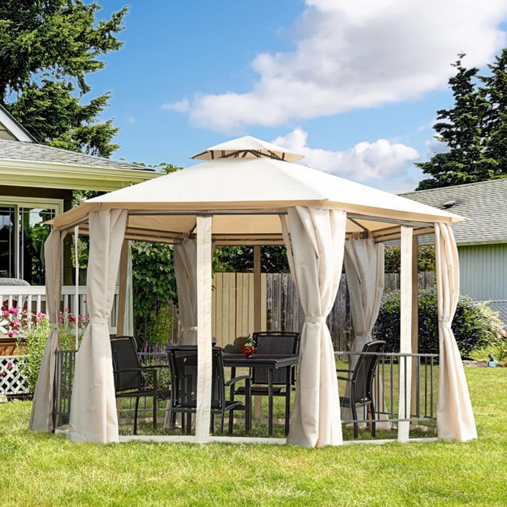 13' x 13' Double Canopy Gazebo with Netting and Shaded Curtains, Outdoor Gazebo 2-Tier Hardtop Galvanized Iron Aluminum Frame for Parties Backyard, Patio, Garden, Event, Beige