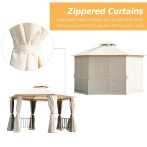 13' x 13' Double Canopy Gazebo with Netting and Shaded Curtains, Outdoor Gazebo 2-Tier Hardtop Galvanized Iron Aluminum Frame for Parties Backyard, Patio, Garden, Event, Beige