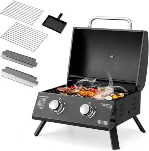 portable gas grill, 20,000 btu two burner tabletop barbecue grill w/built-in thermometer, grease tray, waterproof top lid, folding legs, compact propane grill for backyard, camping, picnic