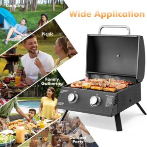 Portable Gas Grill, 20,000 BTU Two Burner Tabletop Barbecue Grill w/Built-in Thermometer, Grease Tray, Waterproof Top Lid, Folding Legs, Compact Propane Grill for Backyard, Camping, Picnic