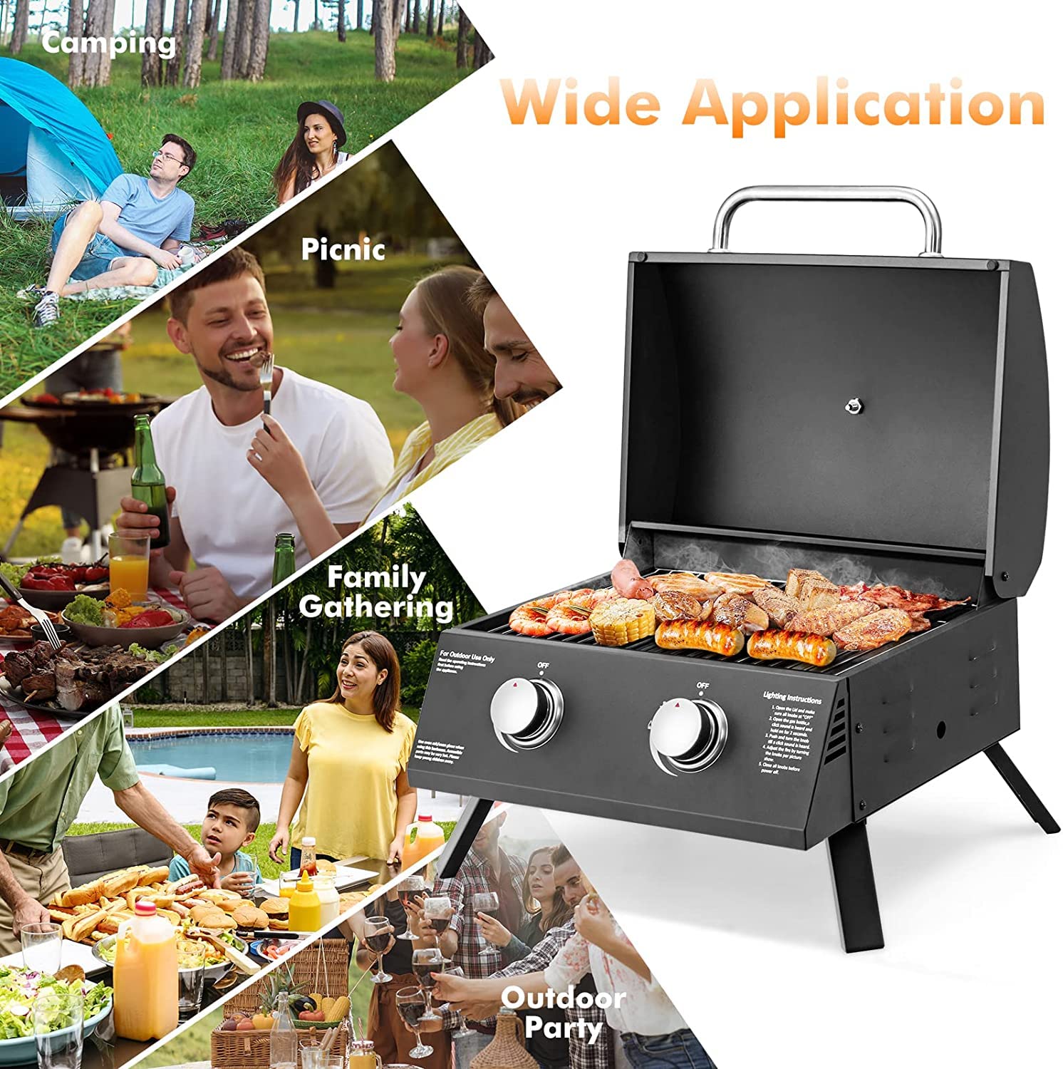 Portable Gas Grill, 20,000 BTU Two Burner Tabletop Barbecue Grill w/Built-in Thermometer, Grease Tray, Waterproof Top Lid, Folding Legs, Compact Propane Grill for Backyard, Camping, Picnic