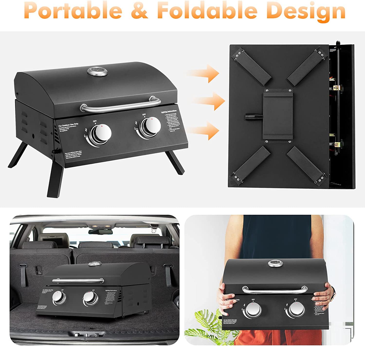 Portable Gas Grill, 20,000 BTU Two Burner Tabletop Barbecue Grill w/Built-in Thermometer, Grease Tray, Waterproof Top Lid, Folding Legs, Compact Propane Grill for Backyard, Camping, Picnic