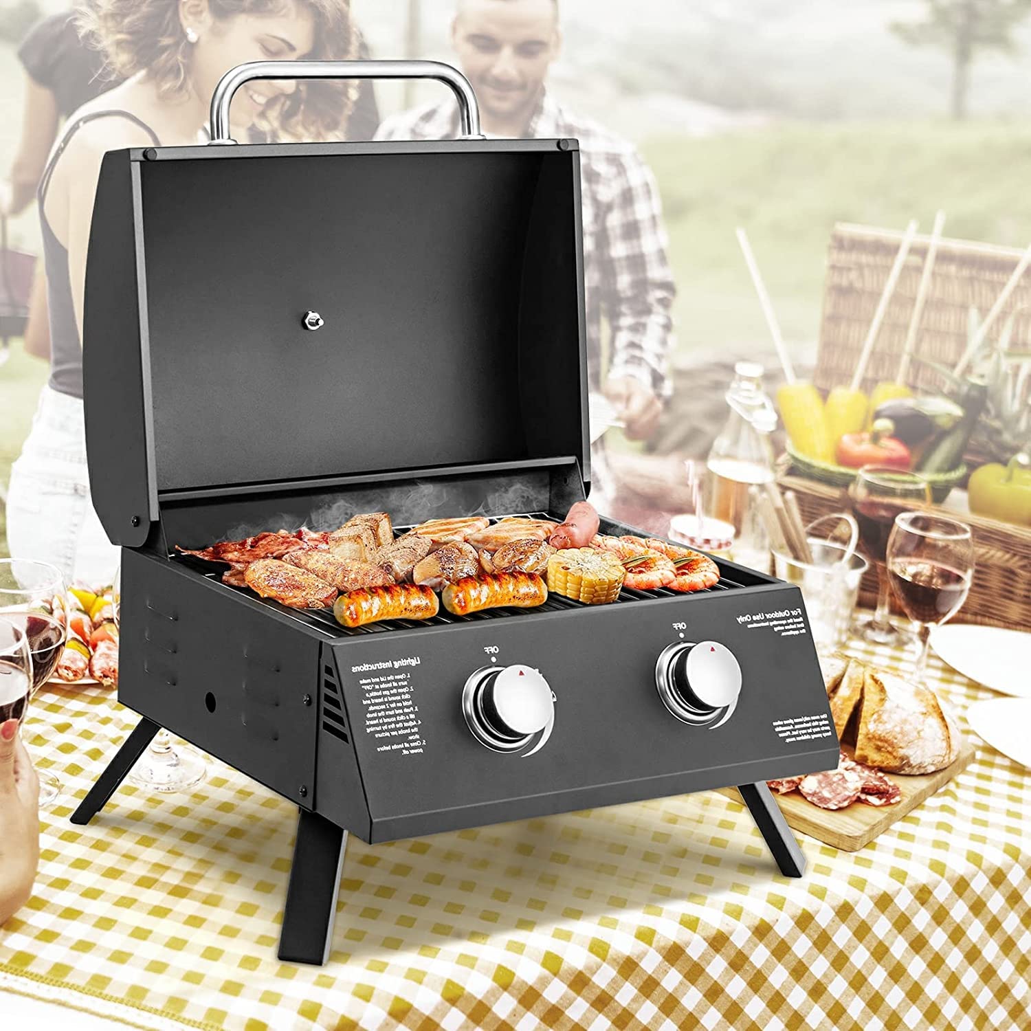 Portable Gas Grill, 20,000 BTU Two Burner Tabletop Barbecue Grill w/Built-in Thermometer, Grease Tray, Waterproof Top Lid, Folding Legs, Compact Propane Grill for Backyard, Camping, Picnic