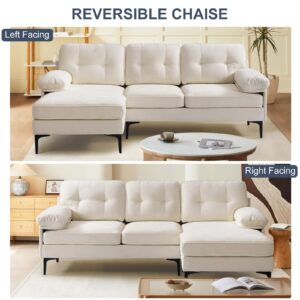 COCOLHOME L- Shaped Sectional Sofa 85" Convertible Modern Upholstered Couch Chenille Fabric with Reversible Chaise Detachable Washable Cover for Living Room, Apartment, Small Space (Cream)