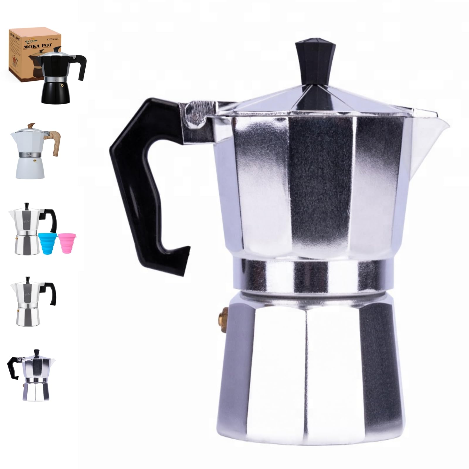 MVPLUE Classic Moka Pot 6 Cup 9 oz，Stovetop Espresso Maker Aluminum Silver，Cuban Coffee Maker， Greca，Make Delicious Coffee Easily at Home