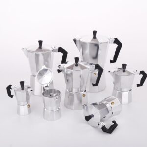 MVPLUE Classic Moka Pot 6 Cup 9 oz，Stovetop Espresso Maker Aluminum Silver，Cuban Coffee Maker， Greca，Make Delicious Coffee Easily at Home