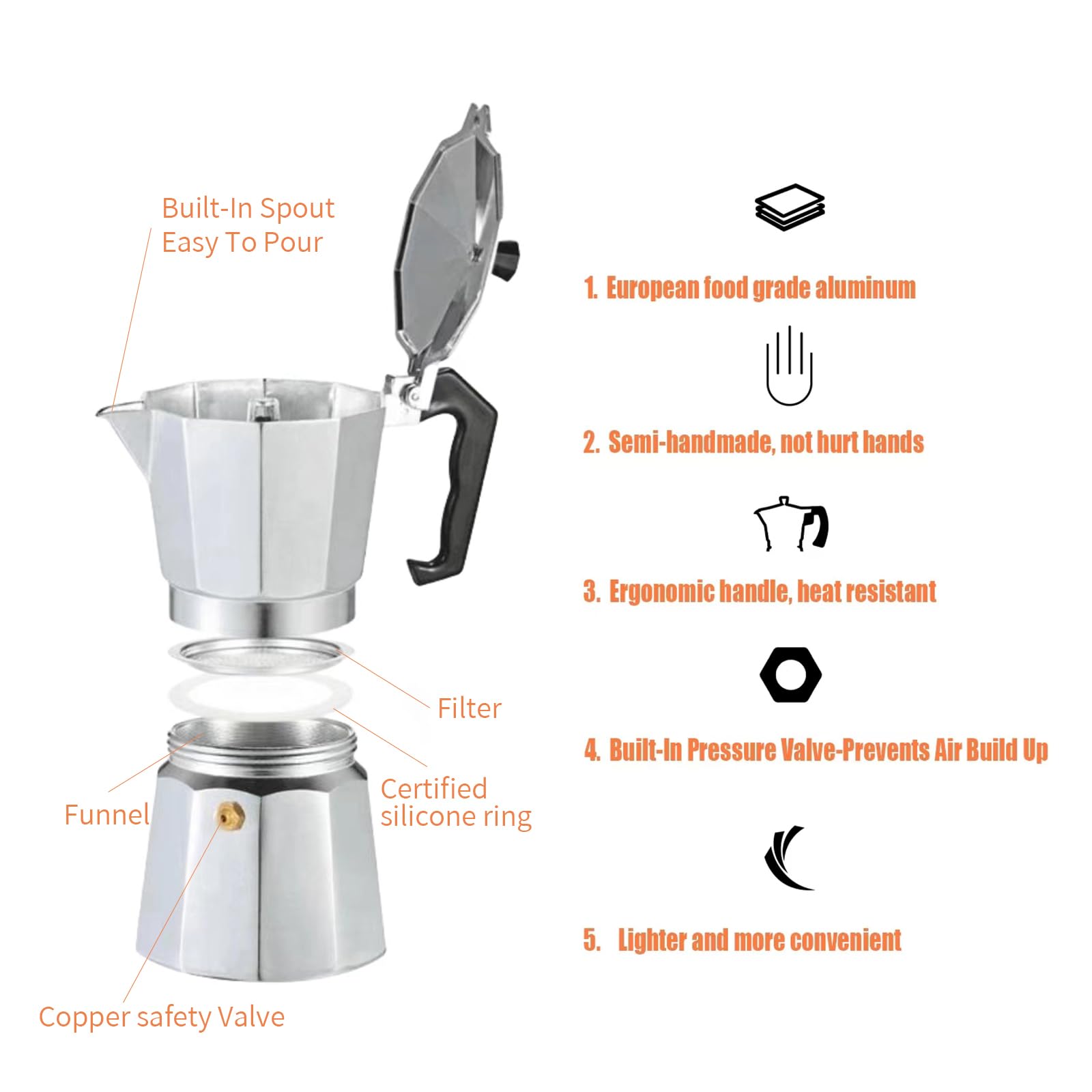 MVPLUE Classic Moka Pot 6 Cup 9 oz，Stovetop Espresso Maker Aluminum Silver，Cuban Coffee Maker， Greca，Make Delicious Coffee Easily at Home