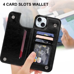 Bizzib for iPhone 15 Plus Case Leather Wallet with Card Holder, Flip Cover Kickstand Card Slot Magnetic Closure Shockproof Heavy Duty Protective Case for Apple iPhone 15 Plus 6.7in-Fashion Black