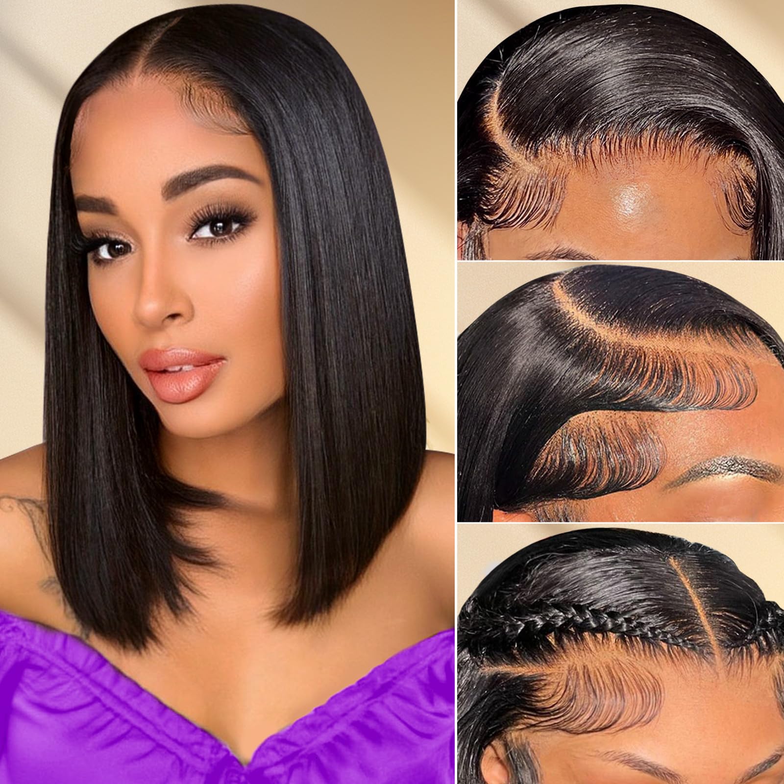 Kafangu Bob Wig Human Hair 13x4 HD Lace Front Wigs For Black Women Human Hair 180% Density Glueless Wigs Human Hair Pre Plucked with Baby Hair Short Straight Bob Wigs Natural Color 14inch