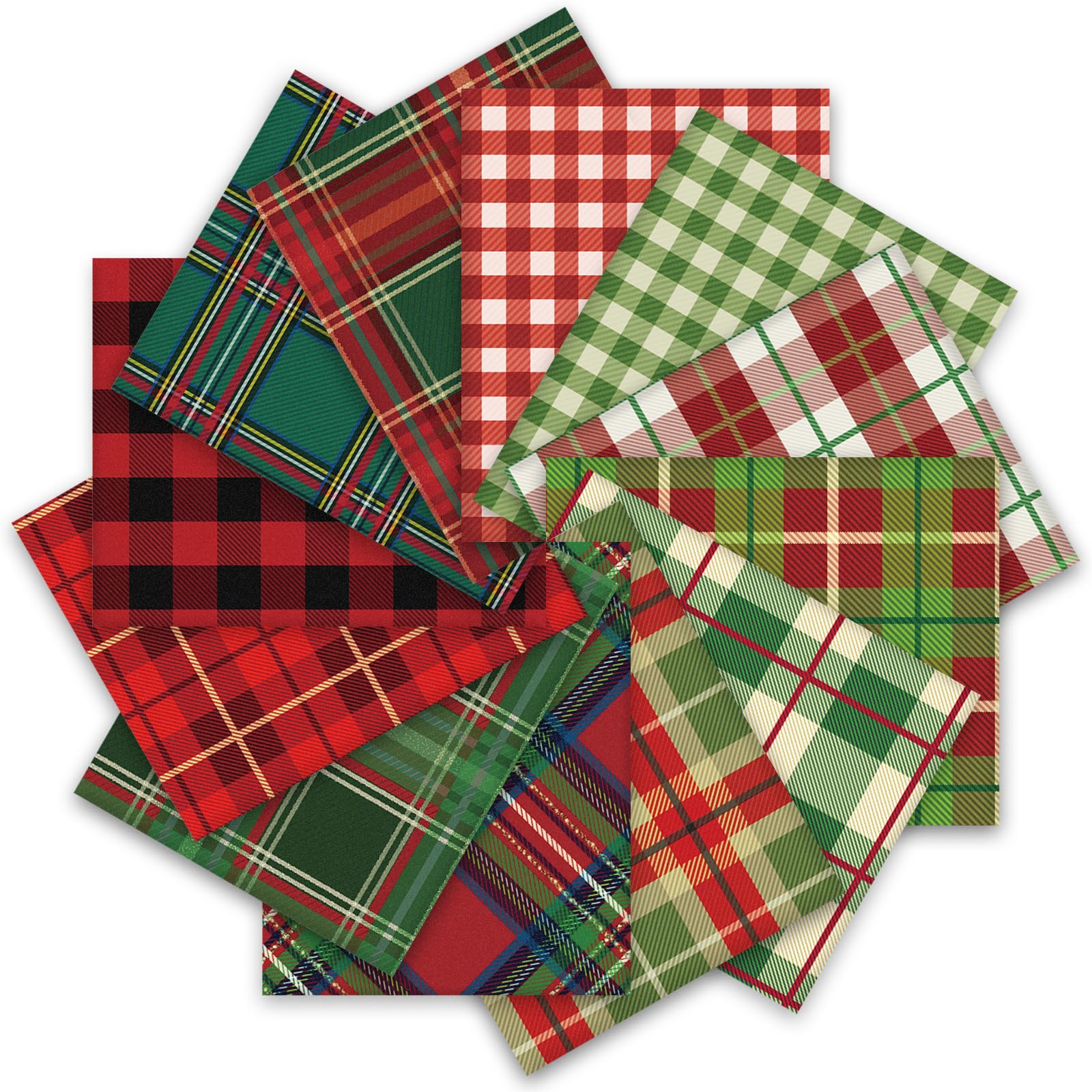 Whaline 12Pcs Christmas Cotton Fabric Bundles Buffalo Plaid Xmas Fat Quarters Red Green Checkered Printed Sewing Fabrics for DIY Handmade Crafting, 18 x 22 Inch