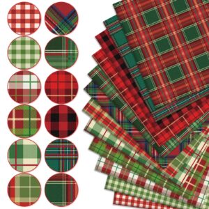 Whaline 12Pcs Christmas Cotton Fabric Bundles Buffalo Plaid Xmas Fat Quarters Red Green Checkered Printed Sewing Fabrics for DIY Handmade Crafting, 18 x 22 Inch